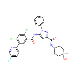 CC1(O)CCC(NC(=O)c2cc(NC(=O)c3cc(-c4ccc(F)cn4)c(Cl)cc3Cl)n(-c3ccccc3)n2)CC1 ZINC001772604483