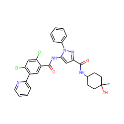 CC1(O)CCC(NC(=O)c2cc(NC(=O)c3cc(-c4ccccn4)c(Cl)cc3Cl)n(-c3ccccc3)n2)CC1 ZINC001772628928