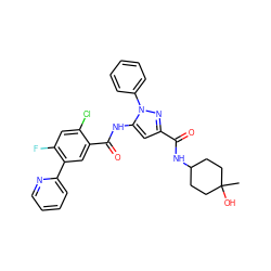 CC1(O)CCC(NC(=O)c2cc(NC(=O)c3cc(-c4ccccn4)c(F)cc3Cl)n(-c3ccccc3)n2)CC1 ZINC001772656231