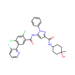 CC1(O)CCC(NC(=O)c2cc(NC(=O)c3cc(-c4ncccc4F)c(Cl)cc3Cl)n(-c3ccccc3)n2)CC1 ZINC001772616268