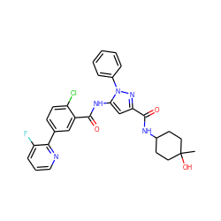 CC1(O)CCC(NC(=O)c2cc(NC(=O)c3cc(-c4ncccc4F)ccc3Cl)n(-c3ccccc3)n2)CC1 ZINC001772631210