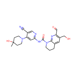 CC1(O)CCN(c2cc(NC(=O)N3CCCc4cc(CO)c(C=O)nc43)ncc2C#N)CC1 ZINC001772649660