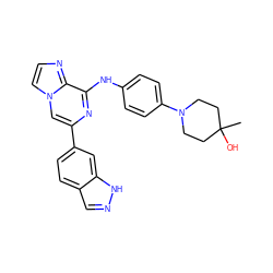 CC1(O)CCN(c2ccc(Nc3nc(-c4ccc5cn[nH]c5c4)cn4ccnc34)cc2)CC1 ZINC000146817938