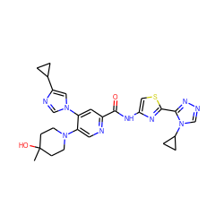 CC1(O)CCN(c2cnc(C(=O)Nc3csc(-c4nncn4C4CC4)n3)cc2-n2cnc(C3CC3)c2)CC1 ZINC000219004418