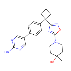 CC1(O)CCN(c2nc(C3(c4ccc(-c5cnc(N)nc5)cc4)CCC3)no2)CC1 ZINC001772584407