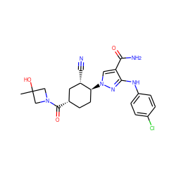 CC1(O)CN(C(=O)[C@H]2CC[C@H](n3cc(C(N)=O)c(Nc4ccc(Cl)cc4)n3)[C@@H](C#N)C2)C1 ZINC000221871396