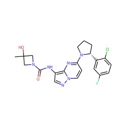 CC1(O)CN(C(=O)Nc2cnn3ccc(N4CCC[C@@H]4c4cc(F)ccc4Cl)nc23)C1 ZINC000118395436