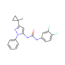 CC1(c2cc(NC(=O)Nc3ccc(F)c(F)c3)n(-c3ccccc3)n2)CC1 ZINC000299818803