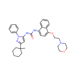 CC1(c2cc(NC(=O)Nc3ccc(OCCN4CCOCC4)c4ccccc34)n(-c3ccccc3)n2)CCCCC1 ZINC000014956539