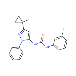 CC1(c2cc(NC(=O)Nc3cccc(F)c3)n(-c3ccccc3)n2)CC1 ZINC000299824542