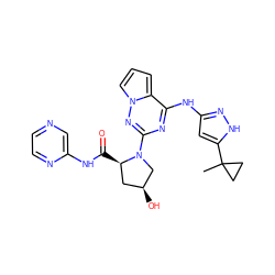 CC1(c2cc(Nc3nc(N4C[C@@H](O)C[C@H]4C(=O)Nc4cnccn4)nn4cccc34)n[nH]2)CC1 ZINC000043178792