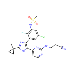 CC1(c2nc(-c3cc(Cl)cc(NS(C)(=O)=O)c3F)c(-c3ccnc(NCCC#N)n3)[nH]2)CC1 ZINC000169017815