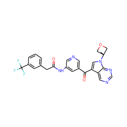 CC1(n2cc(C(=O)c3cncc(NC(=O)Cc4cccc(C(F)(F)F)c4)c3)c3cncnc32)COC1 ZINC000169708074