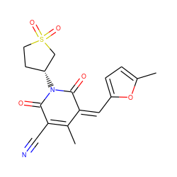 CC1=C(C#N)C(=O)N([C@@H]2CCS(=O)(=O)C2)C(=O)/C1=C\c1ccc(C)o1 ZINC000005575830