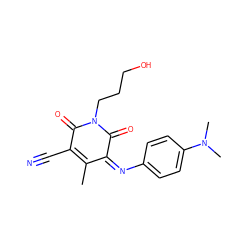 CC1=C(C#N)C(=O)N(CCCO)C(=O)/C1=N\c1ccc(N(C)C)cc1 ZINC000013147479