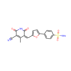 CC1=C(C#N)C(=O)NC(=O)/C1=C\c1ccc(-c2ccc(S(N)(=O)=O)cc2)o1 ZINC000012730092