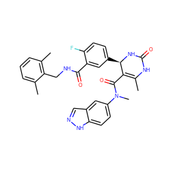 CC1=C(C(=O)N(C)c2ccc3[nH]ncc3c2)[C@@H](c2ccc(F)c(C(=O)NCc3c(C)cccc3C)c2)NC(=O)N1 ZINC000653825226