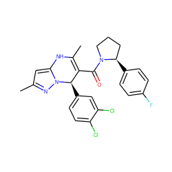 CC1=C(C(=O)N2CCC[C@H]2c2ccc(F)cc2)[C@@H](c2ccc(Cl)c(Cl)c2)n2nc(C)cc2N1 ZINC000084671388