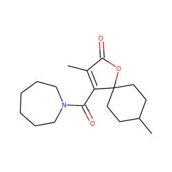 CC1=C(C(=O)N2CCCCCC2)C2(CCC(C)CC2)OC1=O ZINC000004034996