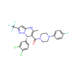 CC1=C(C(=O)N2CCN(c3ccc(F)cc3)CC2)[C@H](c2ccc(Cl)c(Cl)c2)n2nc(C(F)(F)F)cc2N1 ZINC000084668892