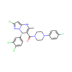 CC1=C(C(=O)N2CCN(c3ccc(F)cc3)CC2)[C@H](c2ccc(Cl)c(Cl)c2)n2nc(Cl)cc2N1 ZINC000084670779