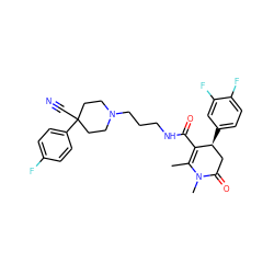 CC1=C(C(=O)NCCCN2CCC(C#N)(c3ccc(F)cc3)CC2)[C@@H](c2ccc(F)c(F)c2)CC(=O)N1C ZINC000029389673