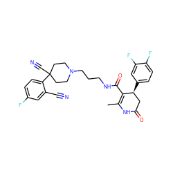 CC1=C(C(=O)NCCCN2CCC(C#N)(c3ccc(F)cc3C#N)CC2)[C@@H](c2ccc(F)c(F)c2)CC(=O)N1 ZINC000029392999