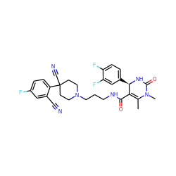 CC1=C(C(=O)NCCCN2CCC(C#N)(c3ccc(F)cc3C#N)CC2)[C@@H](c2ccc(F)c(F)c2)NC(=O)N1C ZINC000026642269