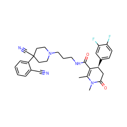 CC1=C(C(=O)NCCCN2CCC(C#N)(c3ccccc3C#N)CC2)[C@@H](c2ccc(F)c(F)c2)CC(=O)N1C ZINC000029393515