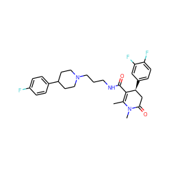 CC1=C(C(=O)NCCCN2CCC(c3ccc(F)cc3)CC2)[C@@H](c2ccc(F)c(F)c2)CC(=O)N1C ZINC000029343335