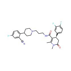 CC1=C(C(=O)NCCCN2CCC(c3ccc(F)cc3C#N)CC2)[C@@H](c2ccc(F)c(F)c2)CC(=O)N1C ZINC000003975459