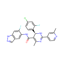 CC1=C(C(=O)Nc2cc3cn[nH]c3cc2F)[C@@H](c2ccc(Cl)cc2F)NC(c2ccnc(C)c2)=N1 ZINC000040936813