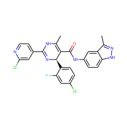 CC1=C(C(=O)Nc2ccc3[nH]nc(C)c3c2)[C@@H](c2ccc(Cl)cc2F)N=C(c2ccnc(Cl)c2)N1 ZINC000040937498