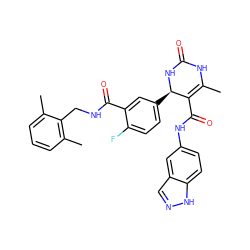 CC1=C(C(=O)Nc2ccc3[nH]ncc3c2)[C@@H](c2ccc(F)c(C(=O)NCc3c(C)cccc3C)c2)NC(=O)N1 ZINC000217049769