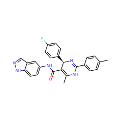 CC1=C(C(=O)Nc2ccc3[nH]ncc3c2)[C@@H](c2ccc(F)cc2)N=C(c2ccc(C)cc2)N1 ZINC000100410913