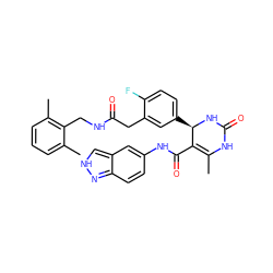 CC1=C(C(=O)Nc2ccc3n[nH]cc3c2)[C@@H](c2ccc(F)c(CC(=O)NCc3c(C)cccc3C)c2)NC(=O)N1 ZINC000653825231