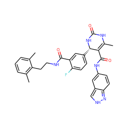 CC1=C(C(=O)Nc2ccc3n[nH]cc3c2)[C@H](c2ccc(F)c(C(=O)NCCc3c(C)cccc3C)c2)NC(=O)N1 ZINC000584905581