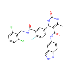 CC1=C(C(=O)Nc2ccc3n[nH]cc3c2)[C@H](c2ccc(F)c(C(=O)NCc3c(Cl)cccc3Cl)c2)NC(=O)N1 ZINC000653830171