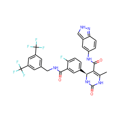 CC1=C(C(=O)Nc2ccc3n[nH]cc3c2)[C@H](c2ccc(F)c(C(=O)NCc3cc(C(F)(F)F)cc(C(F)(F)F)c3)c2)NC(=O)N1 ZINC000653821708