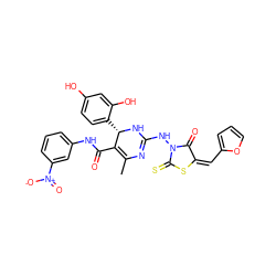 CC1=C(C(=O)Nc2cccc([N+](=O)[O-])c2)[C@H](c2ccc(O)cc2O)NC(NN2C(=O)/C(=C\c3ccco3)SC2=S)=N1 ZINC000049780530