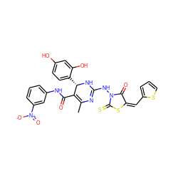 CC1=C(C(=O)Nc2cccc([N+](=O)[O-])c2)[C@H](c2ccc(O)cc2O)NC(NN2C(=O)/C(=C\c3cccs3)SC2=S)=N1 ZINC000049777355