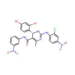 CC1=C(C(=O)Nc2cccc([N+](=O)[O-])c2)[C@H](c2ccc(O)cc2O)NC(Nc2ccc([N+](=O)[O-])cc2Cl)=N1 ZINC000049780277