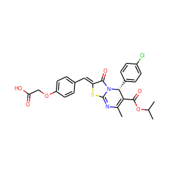 CC1=C(C(=O)OC(C)C)[C@@H](c2ccc(Cl)cc2)n2c(sc(=Cc3ccc(OCC(=O)O)cc3)c2=O)=N1 ZINC000253966689