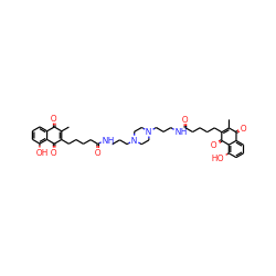 CC1=C(CCCCC(=O)NCCCN2CCN(CCCNC(=O)CCCCC3=C(C)C(=O)c4cccc(O)c4C3=O)CC2)C(=O)c2c(O)cccc2C1=O ZINC000037858535