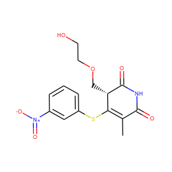 CC1=C(Sc2cccc([N+](=O)[O-])c2)[C@H](COCCO)C(=O)NC1=O ZINC000102816278