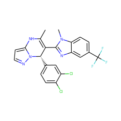 CC1=C(c2nc3cc(C(F)(F)F)ccc3n2C)[C@H](c2ccc(Cl)c(Cl)c2)n2nccc2N1 ZINC000045318180