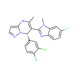 CC1=C(c2nc3ccc(F)cc3n2C)[C@H](c2ccc(Cl)c(Cl)c2)n2nccc2N1 ZINC000045245127