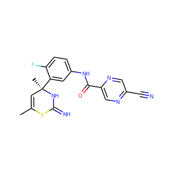 CC1=C[C@@](C)(c2cc(NC(=O)c3cnc(C#N)cn3)ccc2F)NC(=N)S1 ZINC001772640409