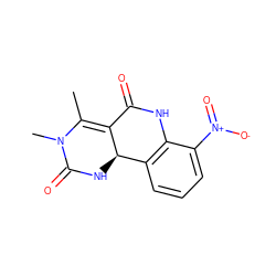 CC1=C2C(=O)Nc3c(cccc3[N+](=O)[O-])[C@H]2NC(=O)N1C ZINC000066103098