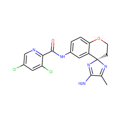 CC1=N[C@@]2(CCOc3ccc(NC(=O)c4ncc(Cl)cc4Cl)cc32)N=C1N ZINC000169708523